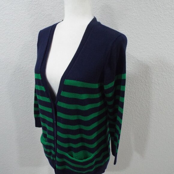 Gap Women's Navy/ Kelly Green 3/4 Sleeve Striped V-Neck Button Up Cardigan Med - Picture 7 of 9